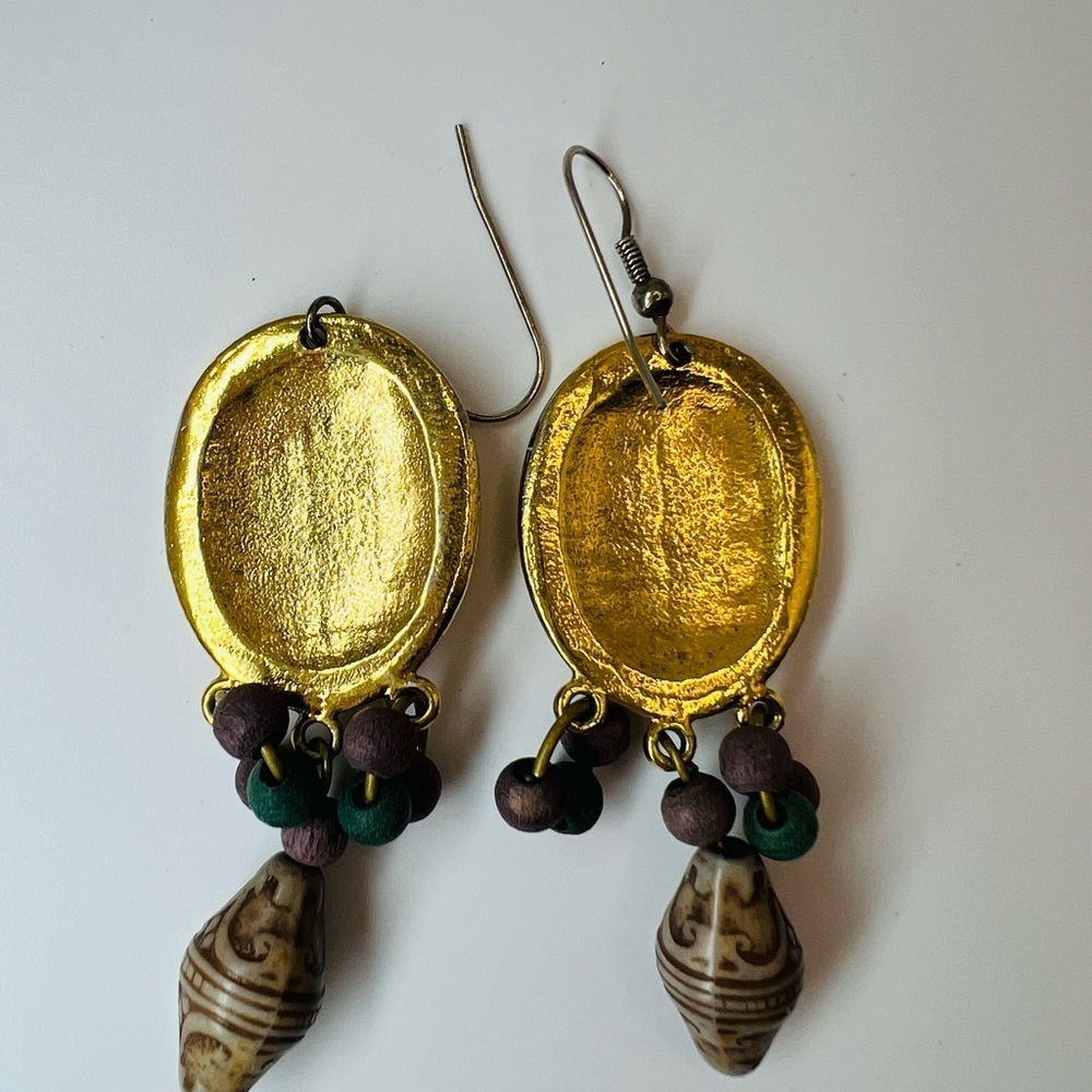 Vintage Gold Tone Beaded Dangle Earrings Ethnic Boho Style - Picture 3 of 3